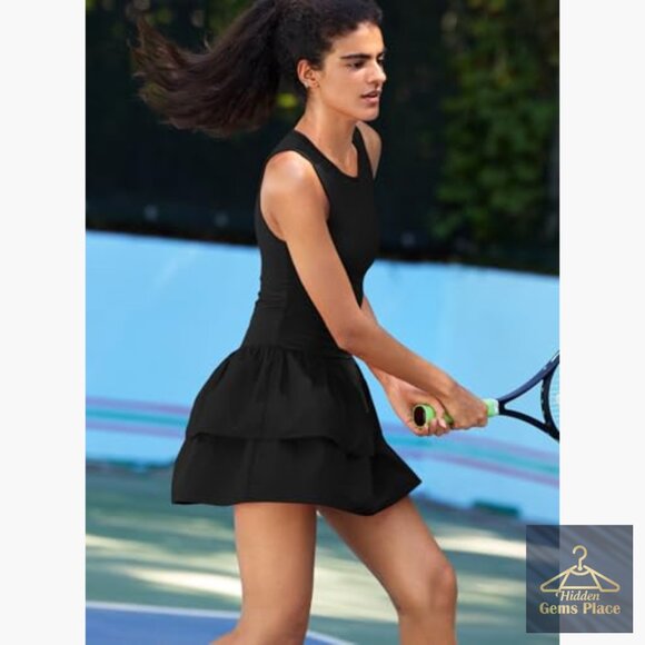 Backless Tennis Dress with Built-In Shorts, 4-Way Stretch Athletic Mini Dress - Picture 6 of 7